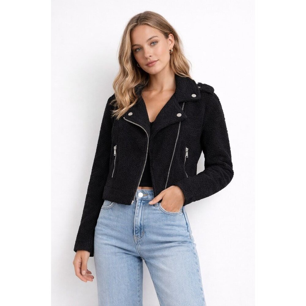 Max Studio Womens Utilitarian Moto Cropped Plush Faux Shearling Jacket XS Black